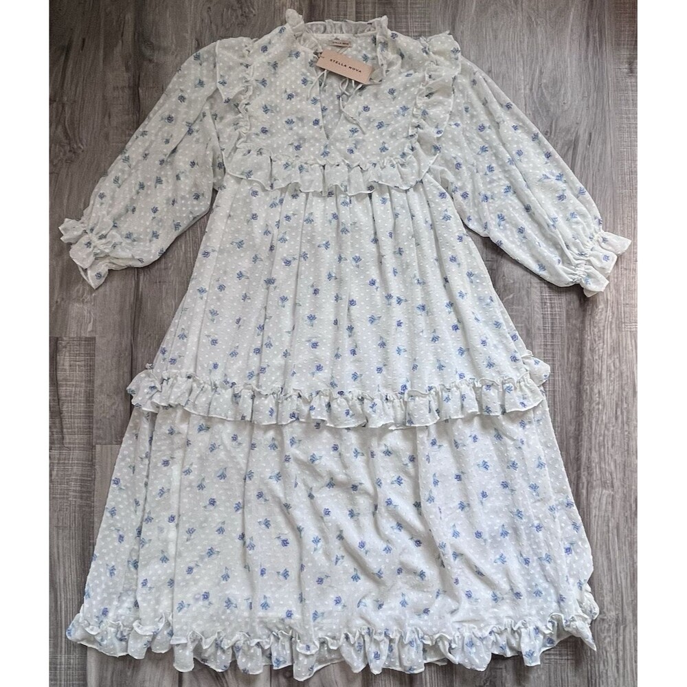 NWT Stella Nova Barbara Dress US 8 EU 38 Blue Floral Ruffle Tiered Maxi Midi
